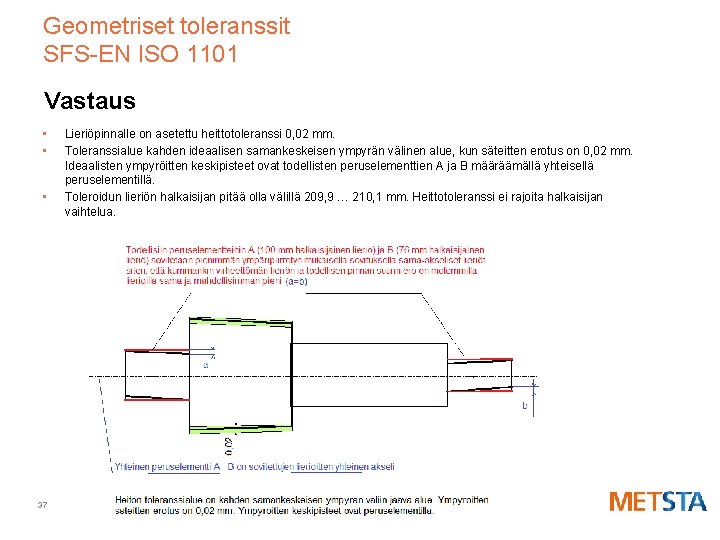 Geometriset toleranssit SFS-EN ISO 1101 Vastaus • • • 37 Lieriöpinnalle on asetettu heittotoleranssi