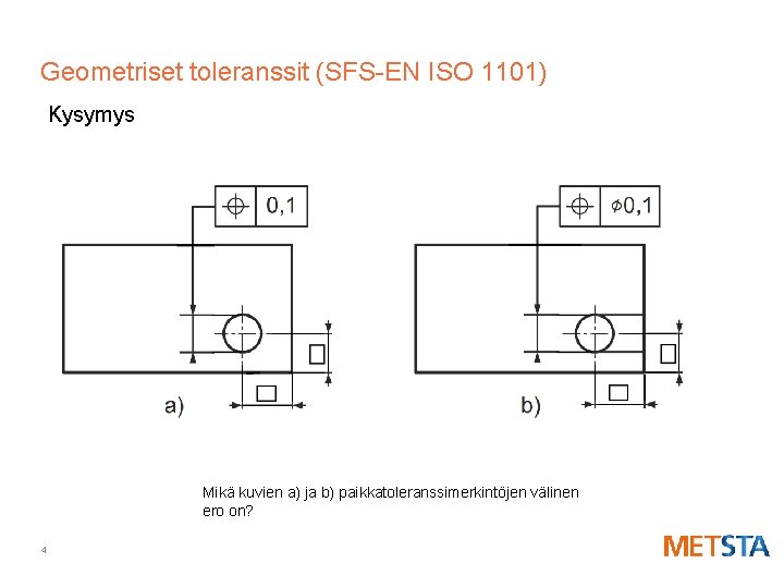 Geometriset toleranssit (SFS-EN ISO 1101) Kysymys Mikä kuvien a) ja b) paikkatoleranssimerkintöjen välinen ero