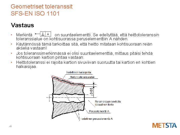 Geometriset toleranssit SFS-EN ISO 1101 Vastaus • Merkintä on suuntaelementti. Se edellyttää, että heittotoleranssin