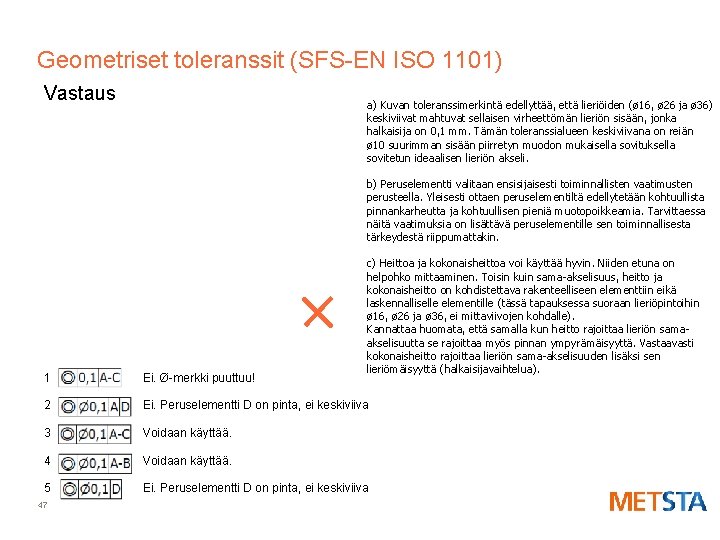 Geometriset toleranssit (SFS-EN ISO 1101) Vastaus a) Kuvan toleranssimerkintä edellyttää, että lieriöiden (ø 16,