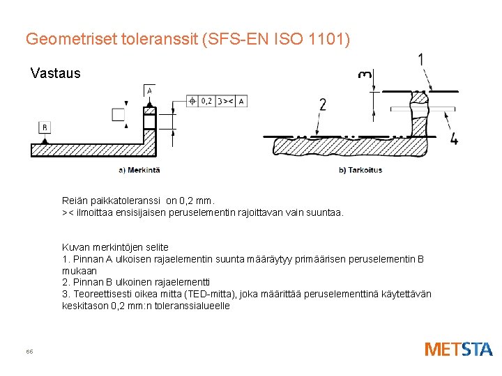 Geometriset toleranssit (SFS-EN ISO 1101) Vastaus Reiän paikkatoleranssi on 0, 2 mm. >< ilmoittaa