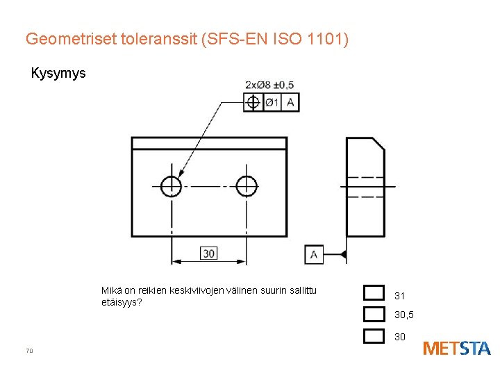 Geometriset toleranssit (SFS-EN ISO 1101) Kysymys Mikä on reikien keskiviivojen välinen suurin sallittu etäisyys?