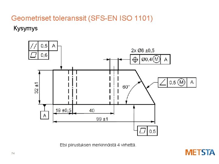 Geometriset toleranssit (SFS-EN ISO 1101) Kysymys Etsi piirustuksen merkinnöistä 4 virhettä. 74 