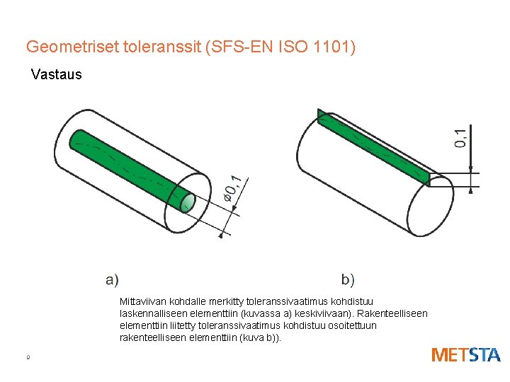 Geometriset toleranssit (SFS-EN ISO 1101) Vastaus Mittaviivan kohdalle merkitty toleranssivaatimus kohdistuu laskennalliseen elementtiin (kuvassa