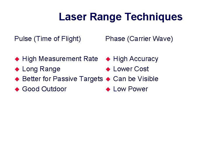 Laser Range Techniques Pulse (Time of Flight) u u High Measurement Rate Long Range