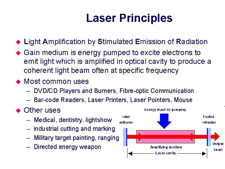 Laser Principles u u u Light Amplification by Stimulated Emission of Radiation Gain medium