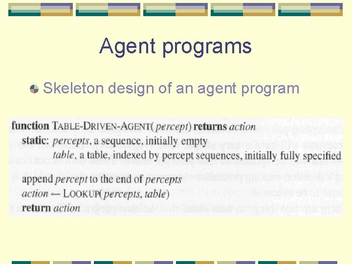 Agent programs Skeleton design of an agent program 