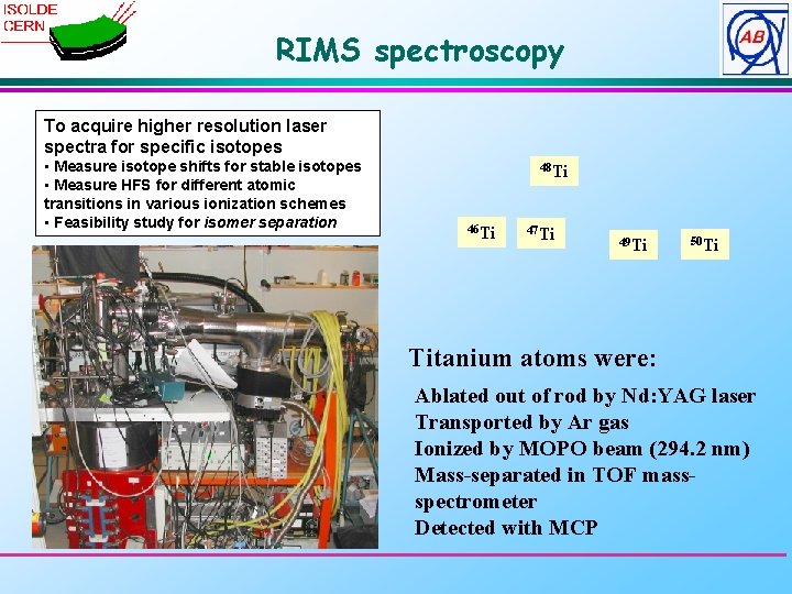 RIMS spectroscopy To acquire higher resolution laser spectra for specific isotopes • Measure isotope