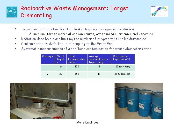Radioactive Waste Management: Target Dismantling • • Separation of target materials into 4 categories