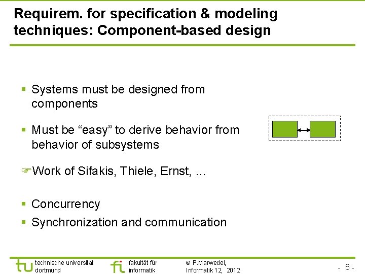 Requirem. for specification & modeling techniques: Component-based design § Systems must be designed from