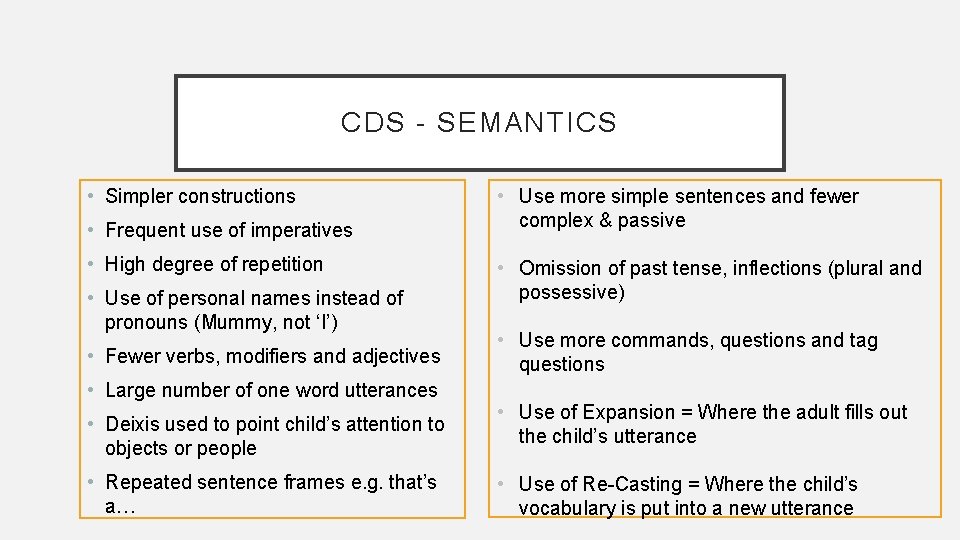 CDS - SEMANTICS • Simpler constructions • Frequent use of imperatives • High degree