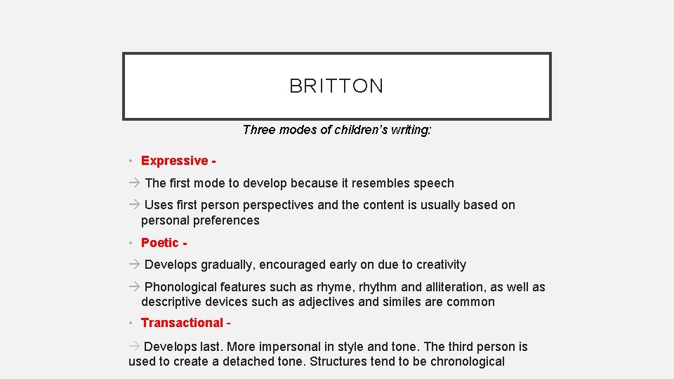 BRITTON Three modes of children’s writing: • Expressive The first mode to develop because