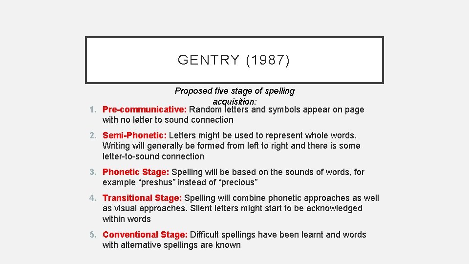 GENTRY (1987) Proposed five stage of spelling acquisition: 1. Pre-communicative: Random letters and symbols