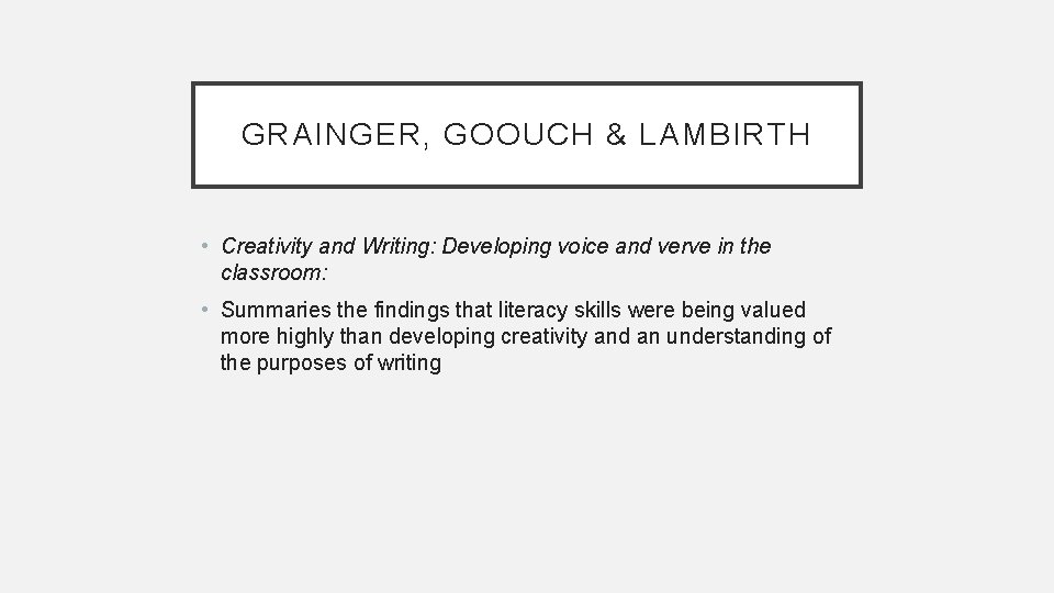 GRAINGER, GOOUCH & LAMBIRTH • Creativity and Writing: Developing voice and verve in the