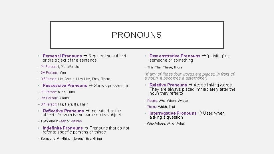 PRONOUNS • Personal Pronouns Replace the subject or the object of the sentence -