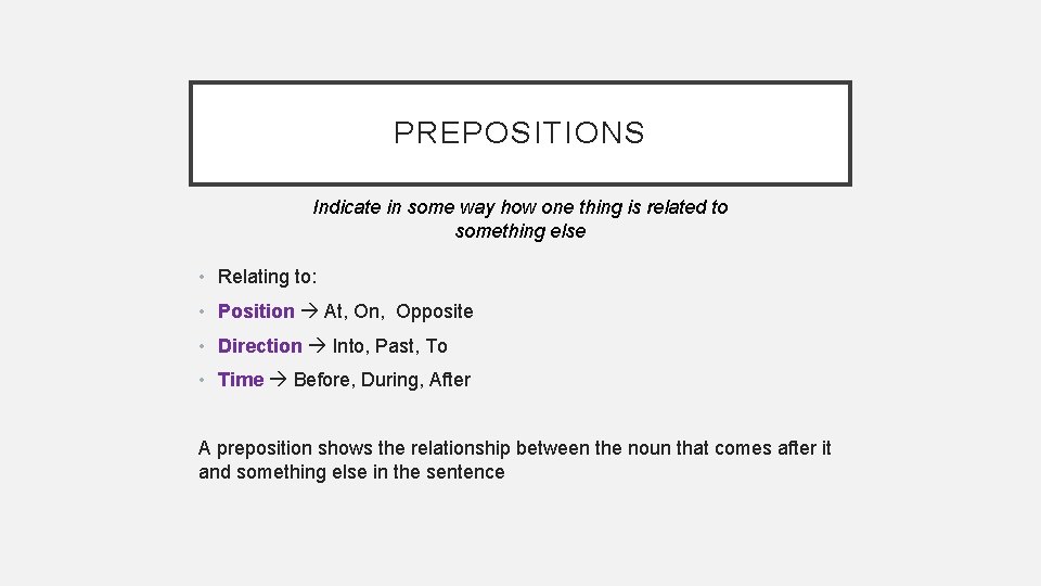 PREPOSITIONS Indicate in some way how one thing is related to something else •