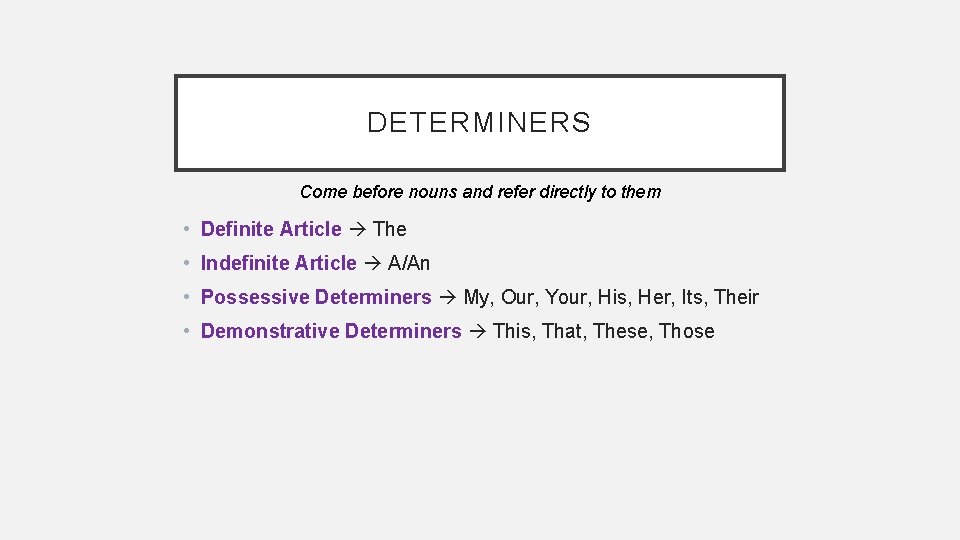 DETERMINERS Come before nouns and refer directly to them • Definite Article The •