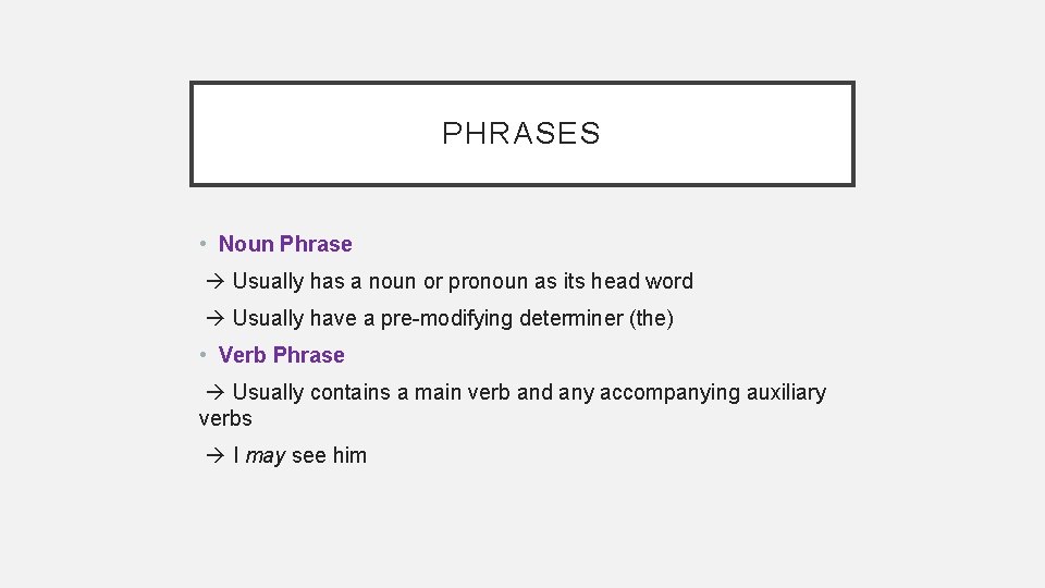 PHRASES • Noun Phrase Usually has a noun or pronoun as its head word