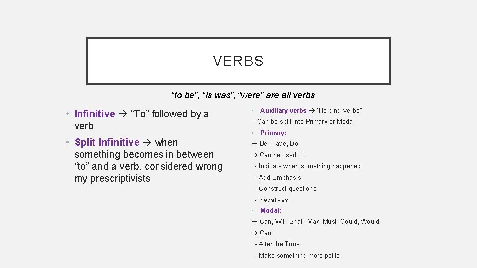 VERBS “to be”, “is was”, “were” are all verbs • Infinitive “To” followed by