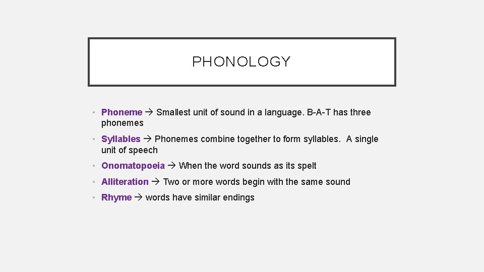 PHONOLOGY • Phoneme Smallest unit of sound in a language. B-A-T has three phonemes