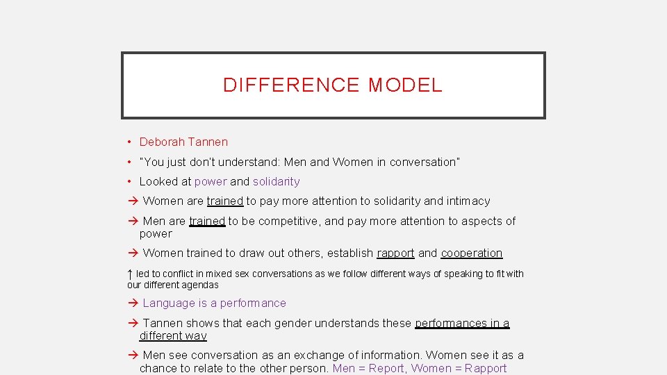 DIFFERENCE MODEL • Deborah Tannen • “You just don’t understand: Men and Women in