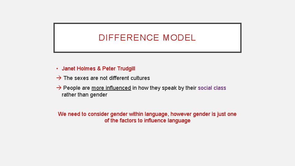 DIFFERENCE MODEL • Janet Holmes & Peter Trudgill The sexes are not different cultures