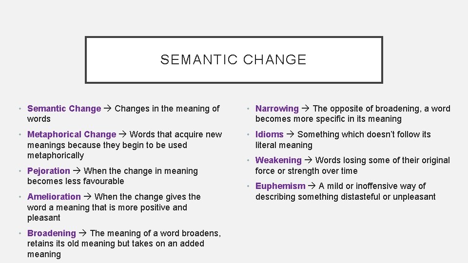 SEMANTIC CHANGE • Semantic Changes in the meaning of words • Narrowing The opposite