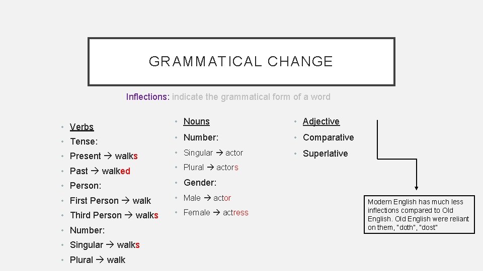 GRAMMATICAL CHANGE Inflections: indicate the grammatical form of a word • Nouns • Adjective