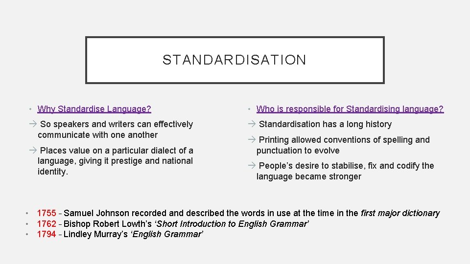 STANDARDISATION • Why Standardise Language? • Who is responsible for Standardising language? So speakers