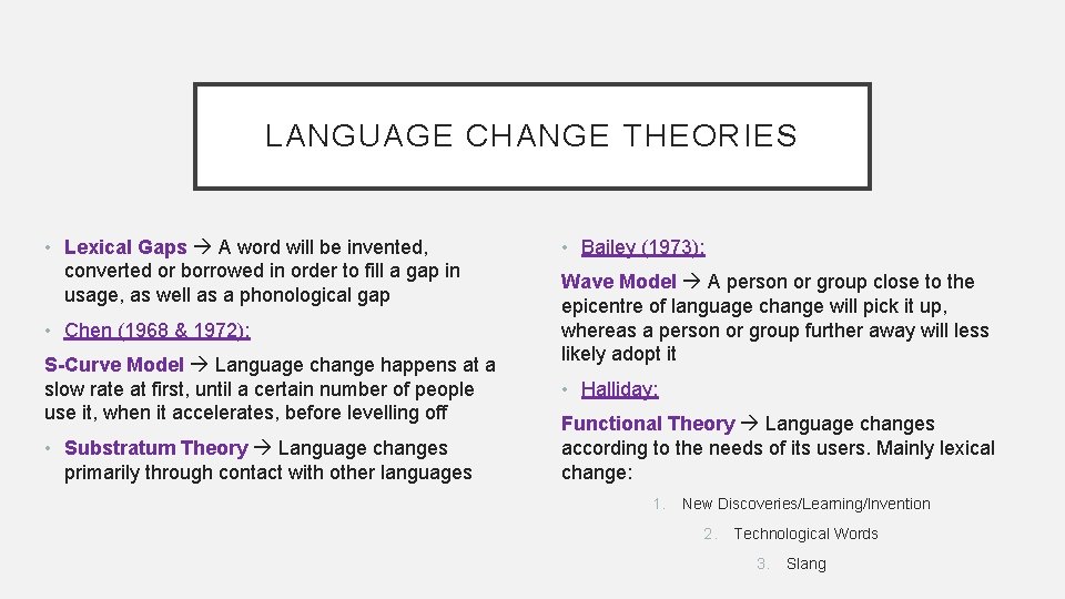 LANGUAGE CHANGE THEORIES • Lexical Gaps A word will be invented, converted or borrowed