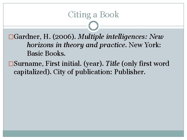 Citing a Book �Gardner, H. (2006). Multiple intelligences: New horizons in theory and practice.