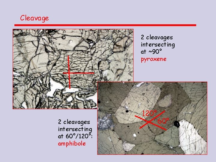 Cleavage 2 cleavages intersecting at ~90° pyroxene 2 cleavages intersecting at 60°/120°: amphibole 120° Cleavage 2 cleavages intersecting at ~90° pyroxene 2 cleavages intersecting at 60°/120°: amphibole 120°