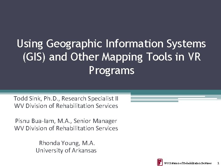 Using Geographic Information Systems (GIS) and Other Mapping Tools in VR Programs Todd Sink,