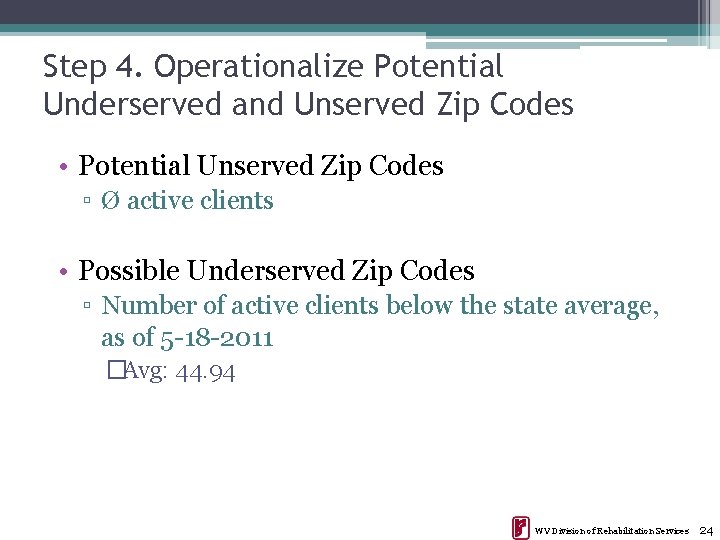 Step 4. Operationalize Potential Underserved and Unserved Zip Codes • Potential Unserved Zip Codes