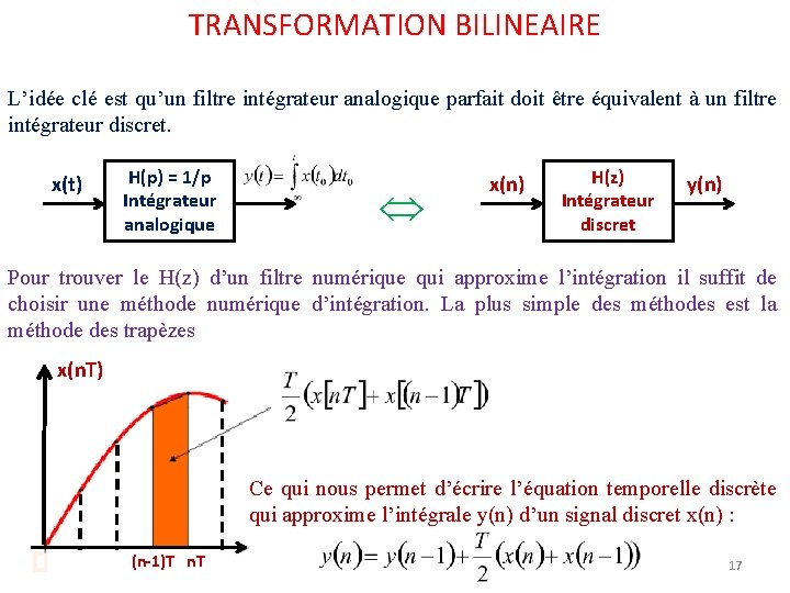 TRANSFORMATION BILINEAIRE L’idée clé est qu’un filtre intégrateur analogique parfait doit être équivalent à TRANSFORMATION BILINEAIRE L’idée clé est qu’un filtre intégrateur analogique parfait doit être équivalent à