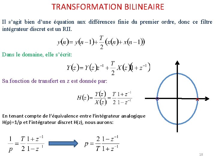 TRANSFORMATION BILINEAIRE Il s’agit bien d’une équation aux différences finie du premier ordre, donc TRANSFORMATION BILINEAIRE Il s’agit bien d’une équation aux différences finie du premier ordre, donc