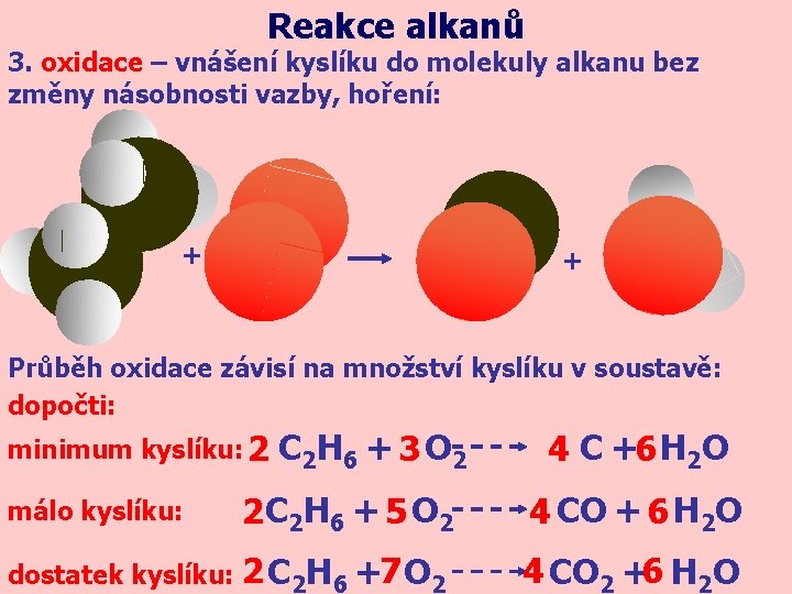 Reakce alkanů 3. oxidace – vnášení kyslíku do molekuly alkanu bez změny násobnosti vazby,