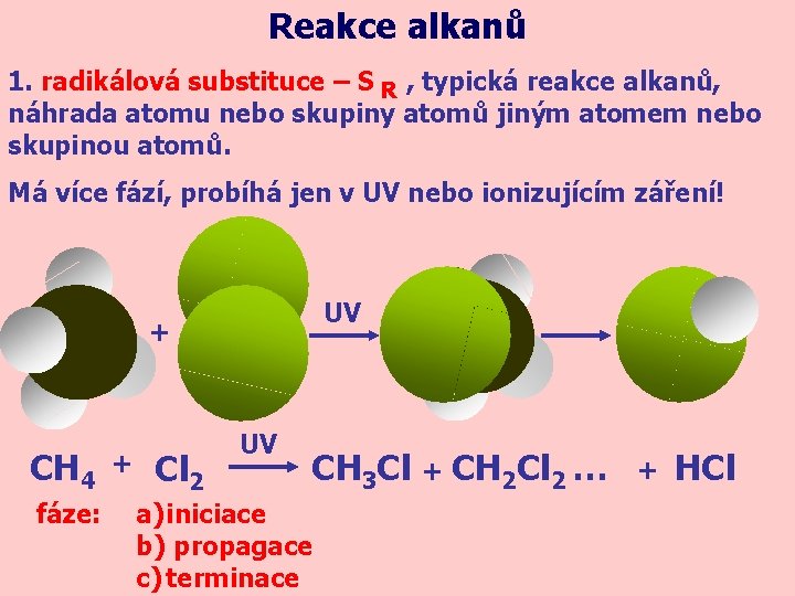 Reakce alkanů 1. radikálová substituce – S R , typická reakce alkanů, náhrada atomu
