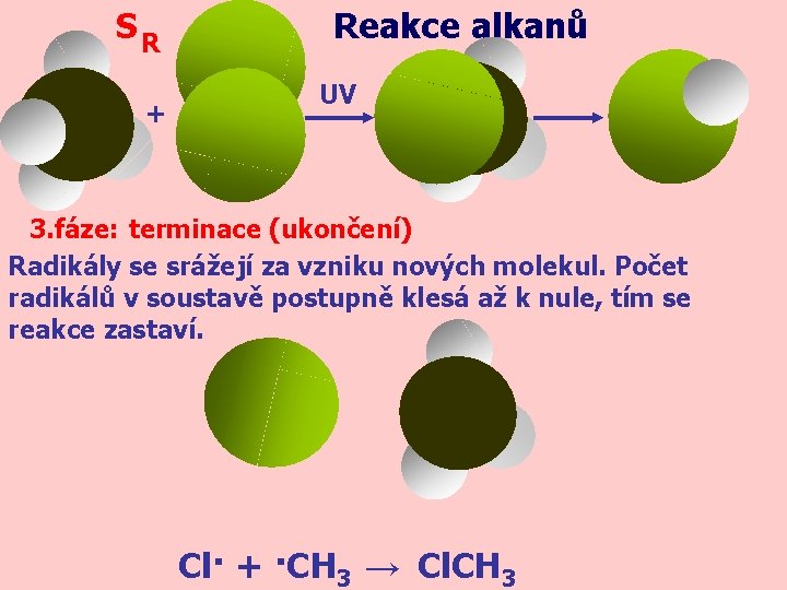 SR + Reakce alkanů UV 3. fáze: terminace (ukončení) Radikály se srážejí za vzniku