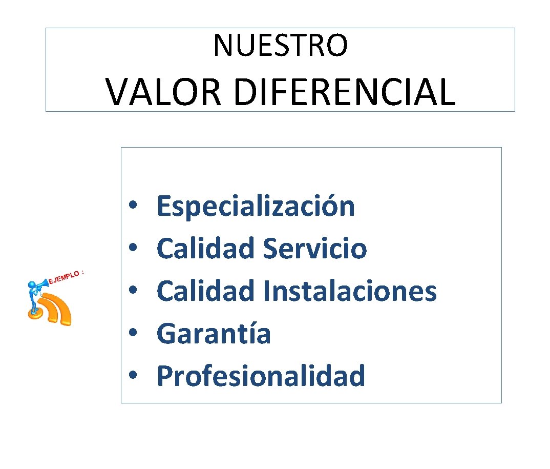 NUESTRO VALOR DIFERENCIAL • • • Especialización Calidad Servicio Calidad Instalaciones Garantía Profesionalidad 