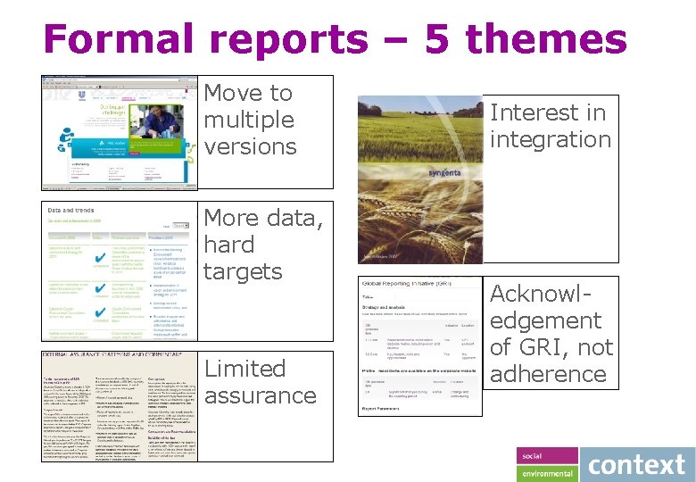 Formal reports – 5 themes Move to multiple versions More data, hard targets Limited