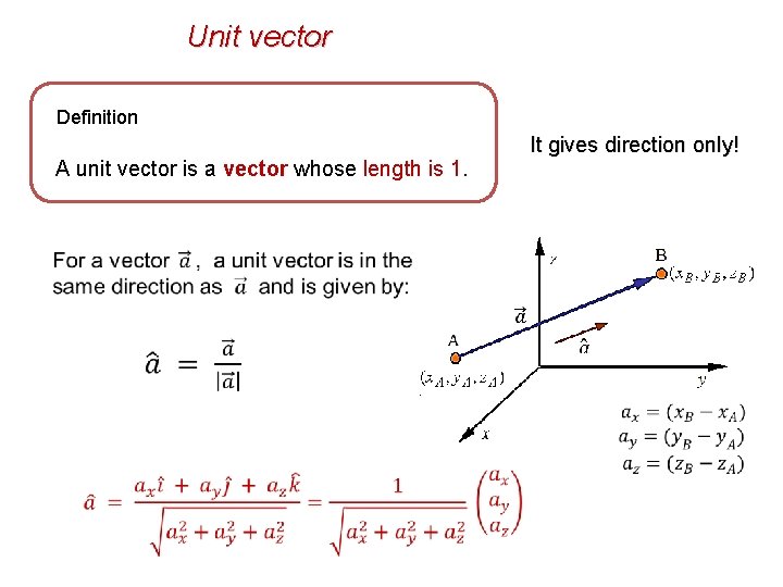 Unit vector Definition A unit vector is a vector whose length is 1. It