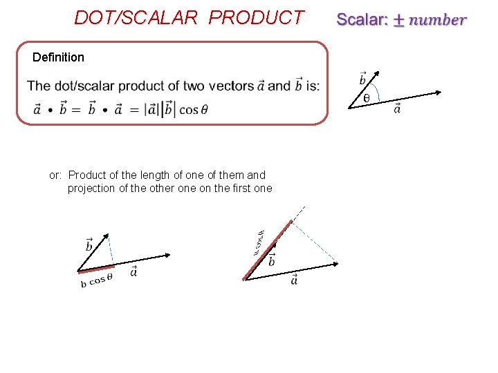 DOT/SCALAR PRODUCT Definition θ or: Product of the length of one of them and