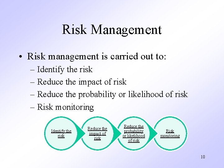 Risk Management • Risk management is carried out to: – Identify the risk –