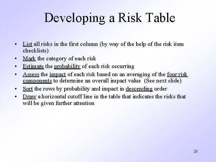 Developing a Risk Table • List all risks in the first column (by way