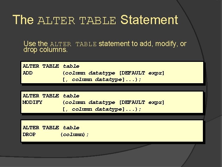 The ALTER TABLE Statement Use the ALTER TABLE statement to add, modify, or drop