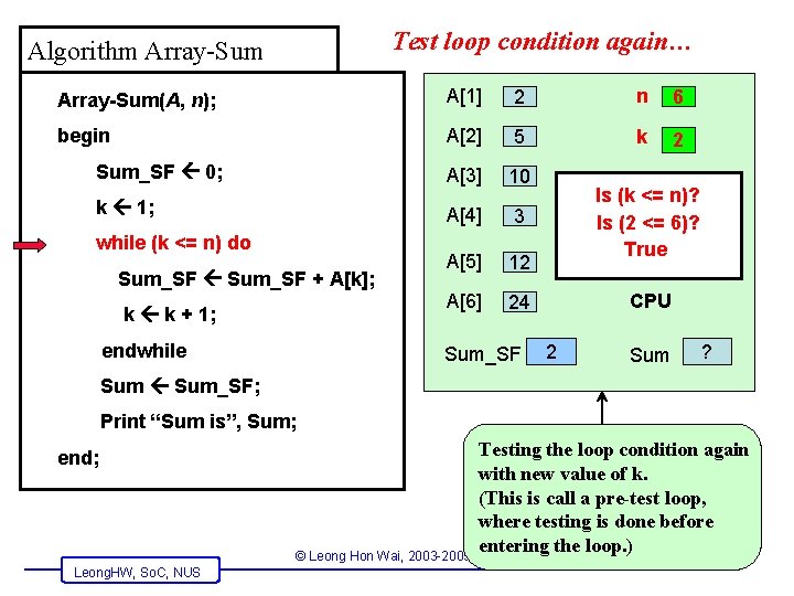 Test loop condition again… Algorithm Array-Sum(A, n); A[1] 2 n 6 begin A[2] 5