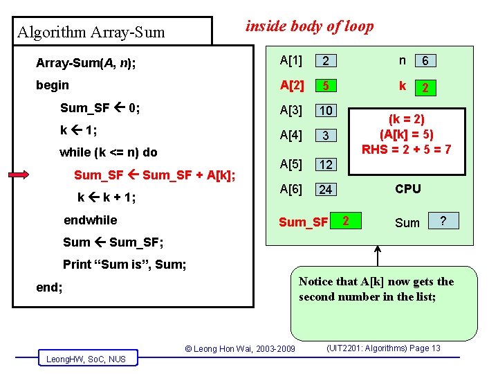 inside body of loop Algorithm Array-Sum(A, n); A[1] 2 n 6 begin A[2] 5