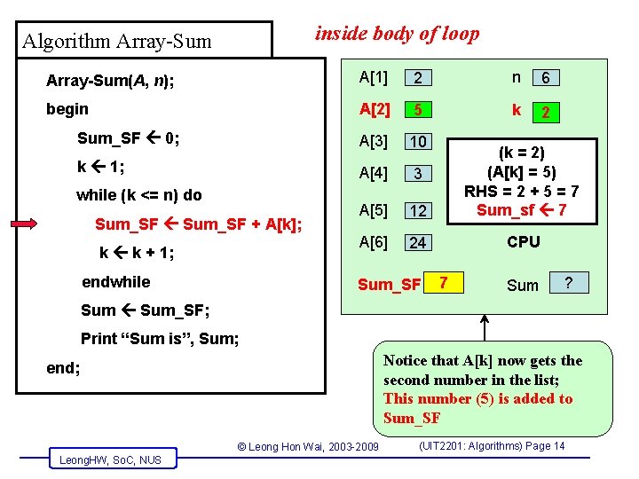 inside body of loop Algorithm Array-Sum(A, n); A[1] 2 n 6 begin A[2] 5