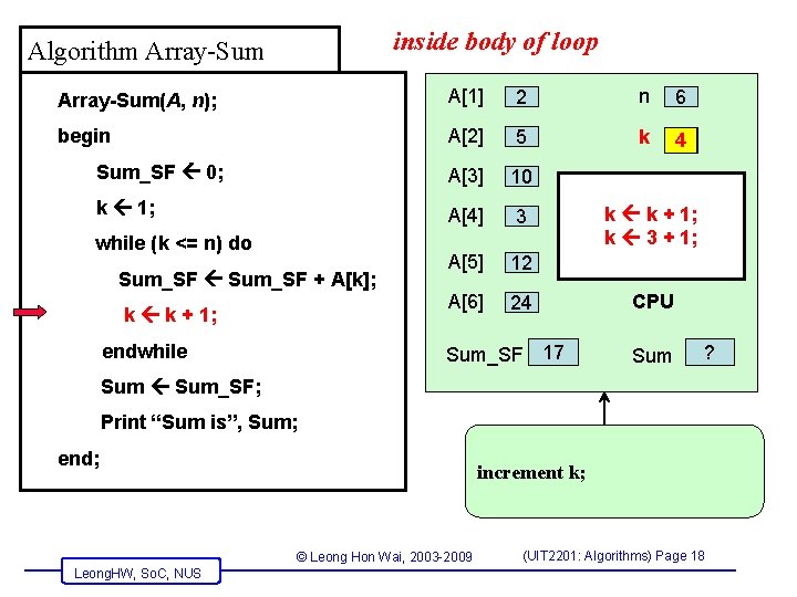 inside body of loop Algorithm Array-Sum(A, n); A[1] 2 n 6 begin A[2] 5